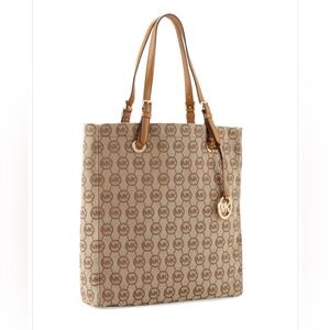 Michael Kors Signature Jacquard North South Tote Tan Brown Logo Print Purse